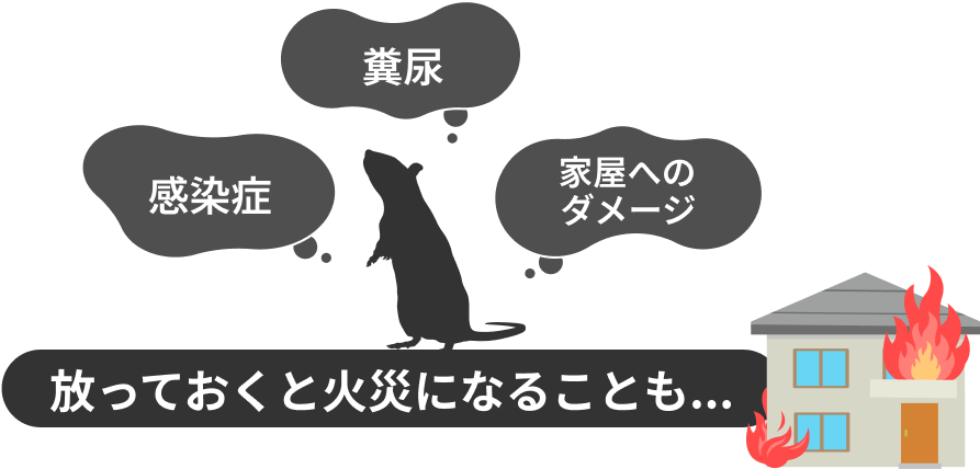 感染症、糞尿、家屋へのダメージ、放っておくと火災になることも